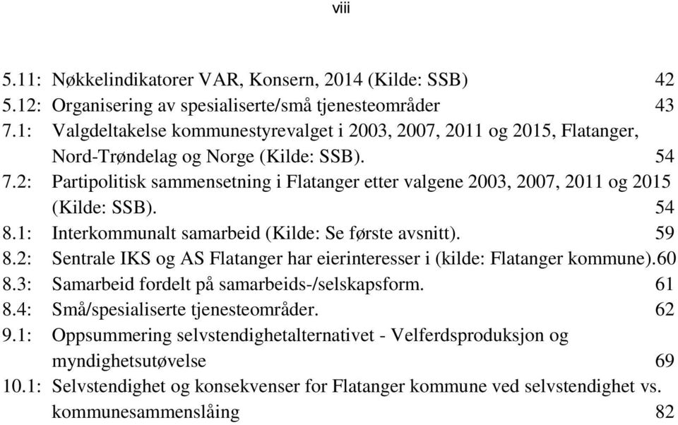 2: Partipolitisk sammensetning i Flatanger etter valgene 2003, 2007, 2011 og 2015 (Kilde: SSB). 54 8.1: Interkommunalt samarbeid (Kilde: Se første avsnitt). 59 8.
