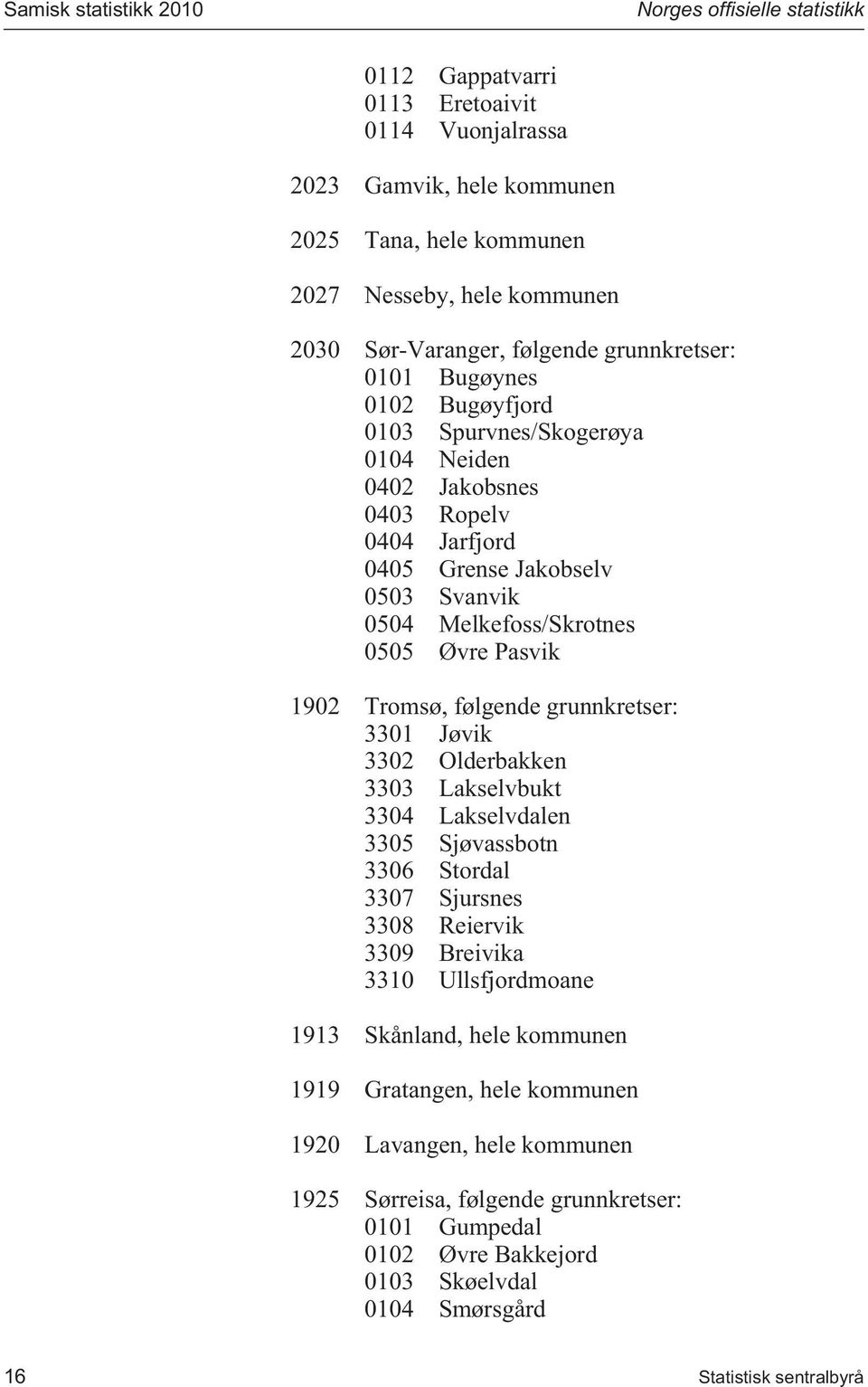 Pasvik 902 Tromsø, følgende grunnkretser: 330 Jøvik 3302 Olderbakken 3303 Lakselvbukt 3304 Lakselvdalen 3305 Sjøvassbotn 3306 Stordal 3307 Sjursnes 3308 Reiervik 3309 Breivika 330 Ullsfjordmoane