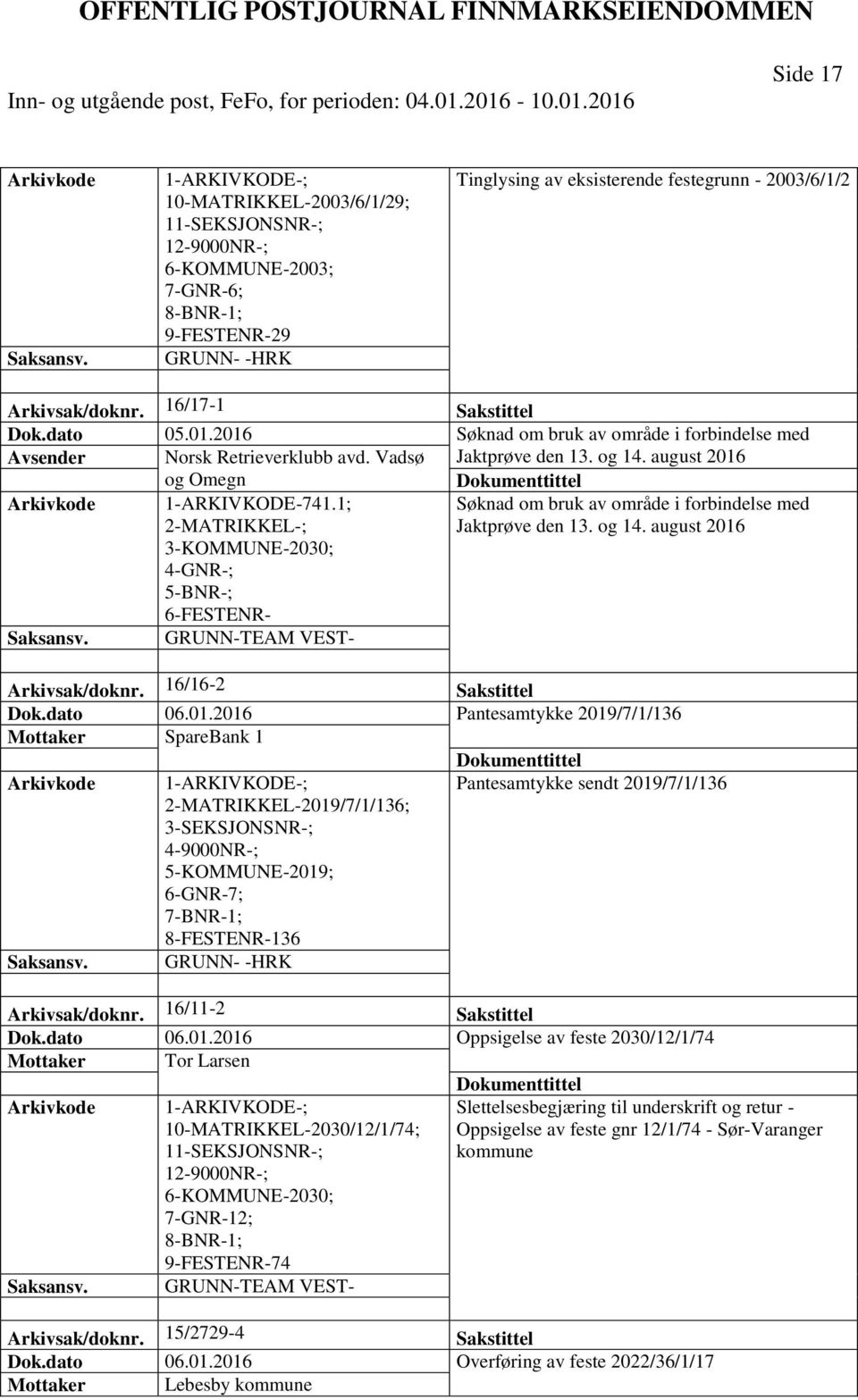 1; 2-MATRIKKEL-; Søknad om bruk av område i forbindelse med Jaktprøve den 13. og 14. august 2016 3-KOMMUNE-2030; 4-GNR-; 5-BNR-; 6-FESTENR- GRUNN-TEAM VEST- Arkivsak/doknr. 16/16-2 Sakstittel Dok.