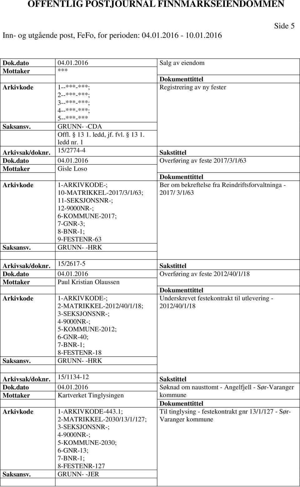 2016 Overføring av feste 2017/3/1/63 Mottaker Gisle Loso 10-MATRIKKEL-2017/3/1/63; Ber om bekreftelse fra Reindriftsforvaltninga - 2017/ 3/1/63 6-KOMMUNE-2017; 7-GNR-3; 63 Arkivsak/doknr.