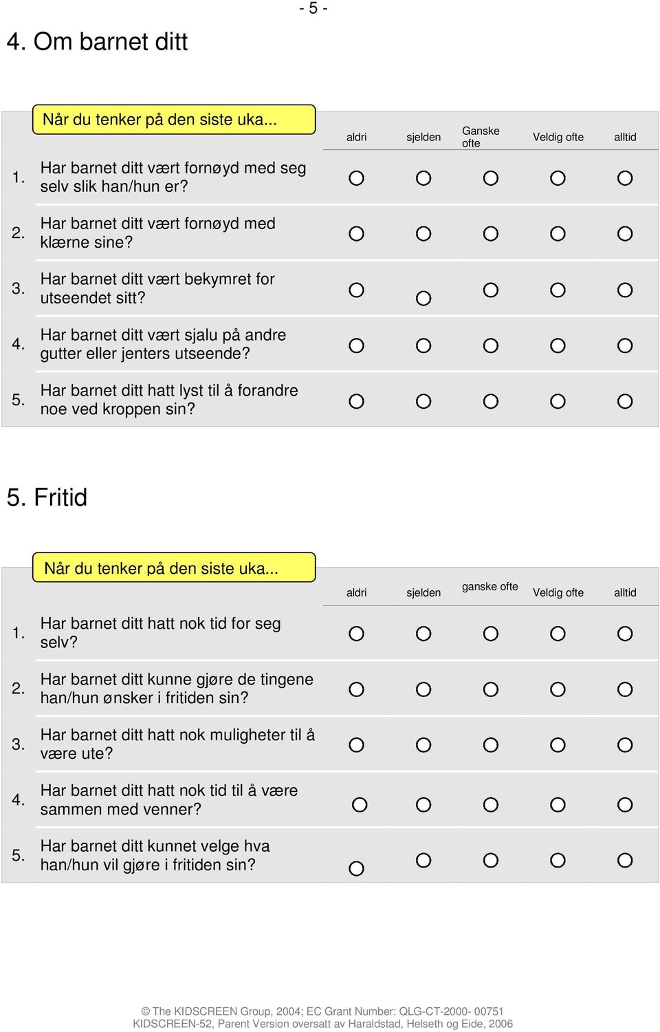 Har barnet ditt hatt lyst til å forandre noe ved kroppen sin? 5. Fritid ganske 5. Har barnet ditt hatt nok tid for seg selv?