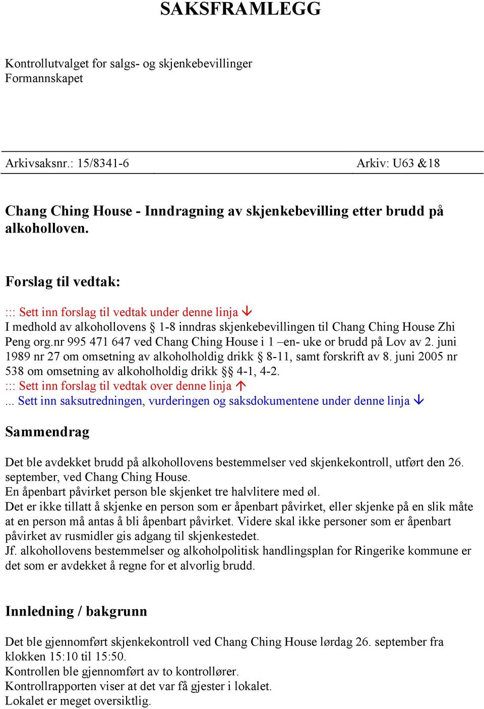 nr 995 471 647 ved Chang Ching House i 1 en- uke or brudd på Lov av 2. juni 1989 nr 27 om omsetning av alkoholholdig drikk 8-11, samt forskrift av 8.
