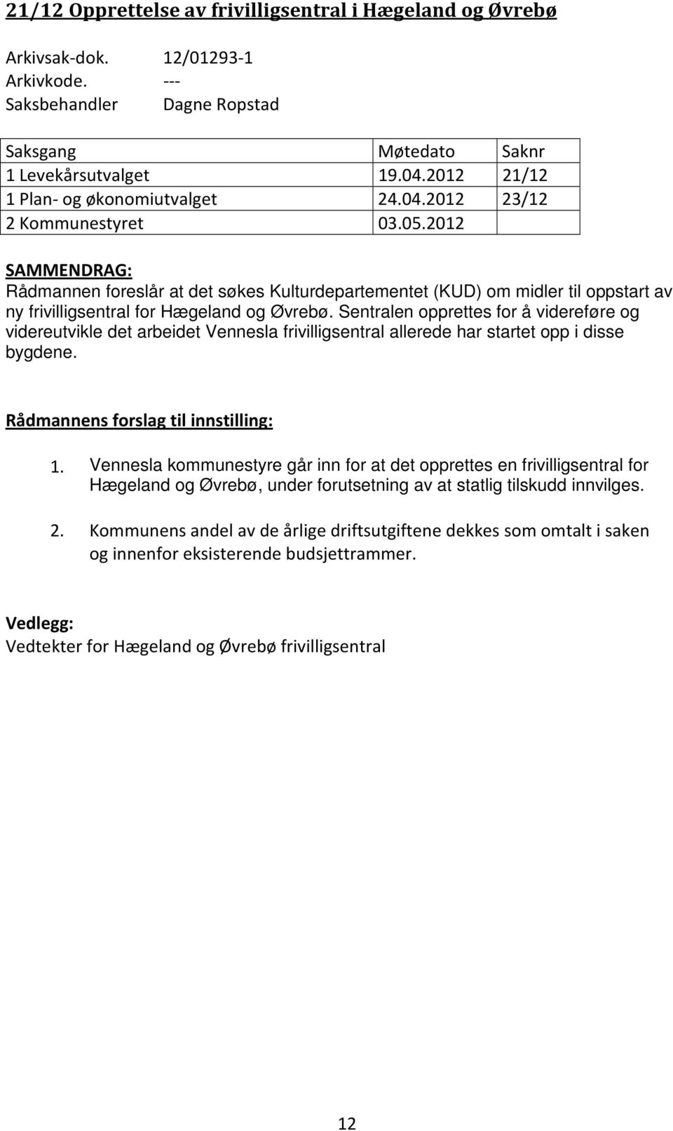 2012 SAMMENDRAG: Rådmannen foreslår at det søkes Kulturdepartementet (KUD) om midler til oppstart av ny frivilligsentral for Hægeland og Øvrebø.