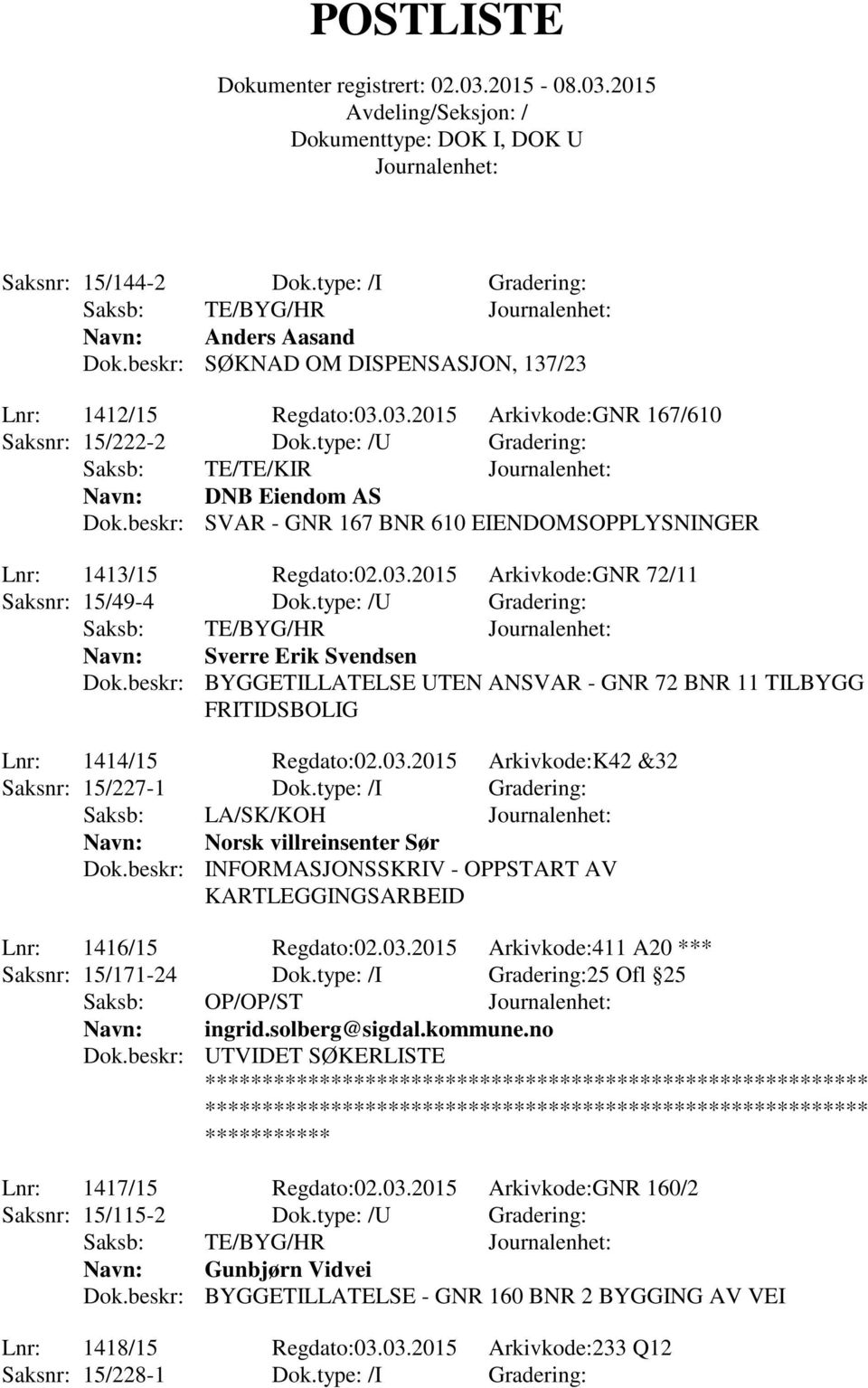 type: /U Gradering: Sverre Erik Svendsen Dok.beskr: BYGGETILLATELSE UTEN ANSVAR - GNR 72 BNR 11 TILBYGG FRITIDSBOLIG Lnr: 1414/15 Regdato:02.03.2015 Arkivkode:K42 &32 Saksnr: 15/227-1 Dok.