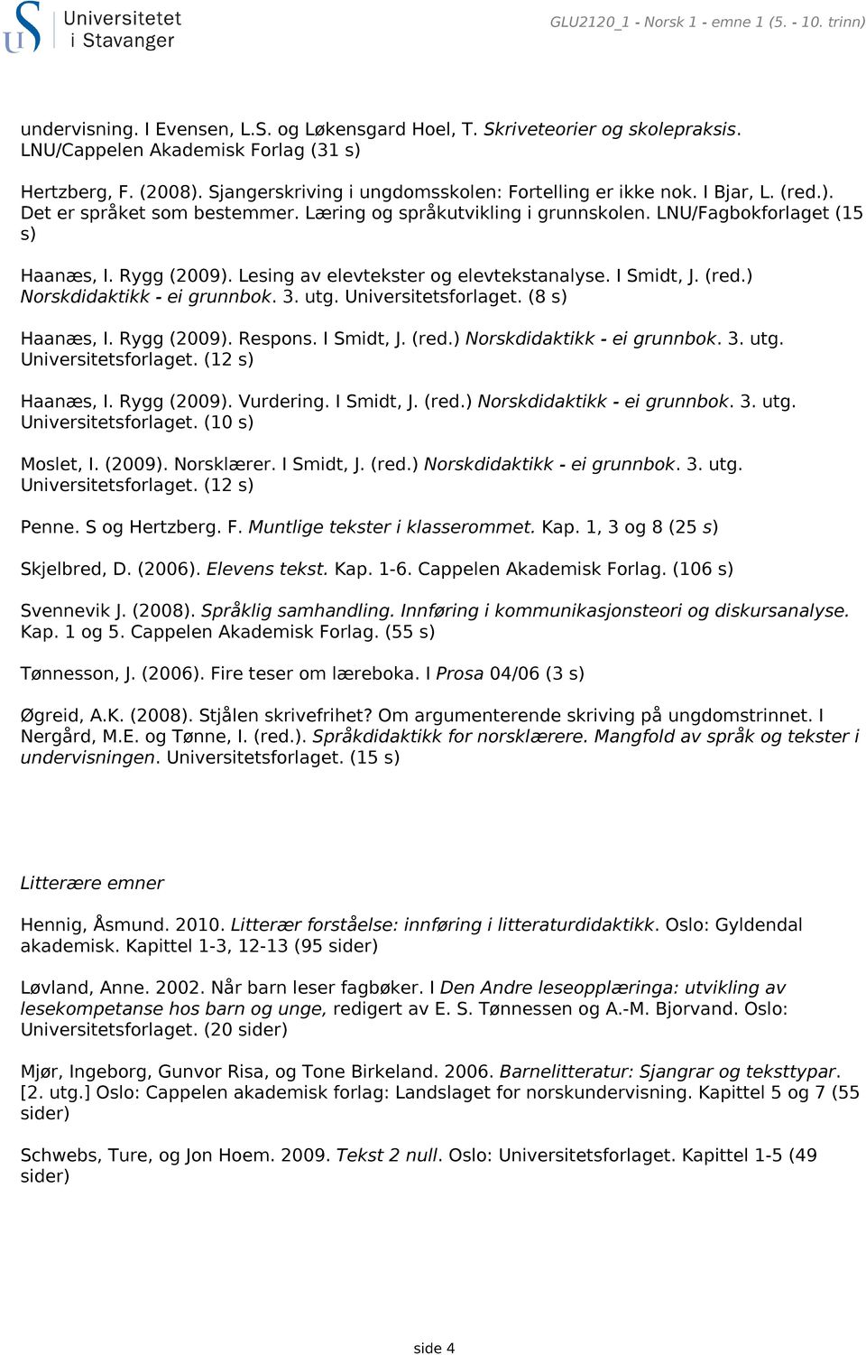 Lesing av elevtekster og elevtekstanalyse. I Smidt, J. (red.) Norskdidaktikk - ei grunnbok. 3. utg. Universitetsforlaget. (8 s) Haanæs, I. Rygg (2009). Respons. I Smidt, J. (red.) Norskdidaktikk - ei grunnbok. 3. utg. Universitetsforlaget. (12 s) Haanæs, I.