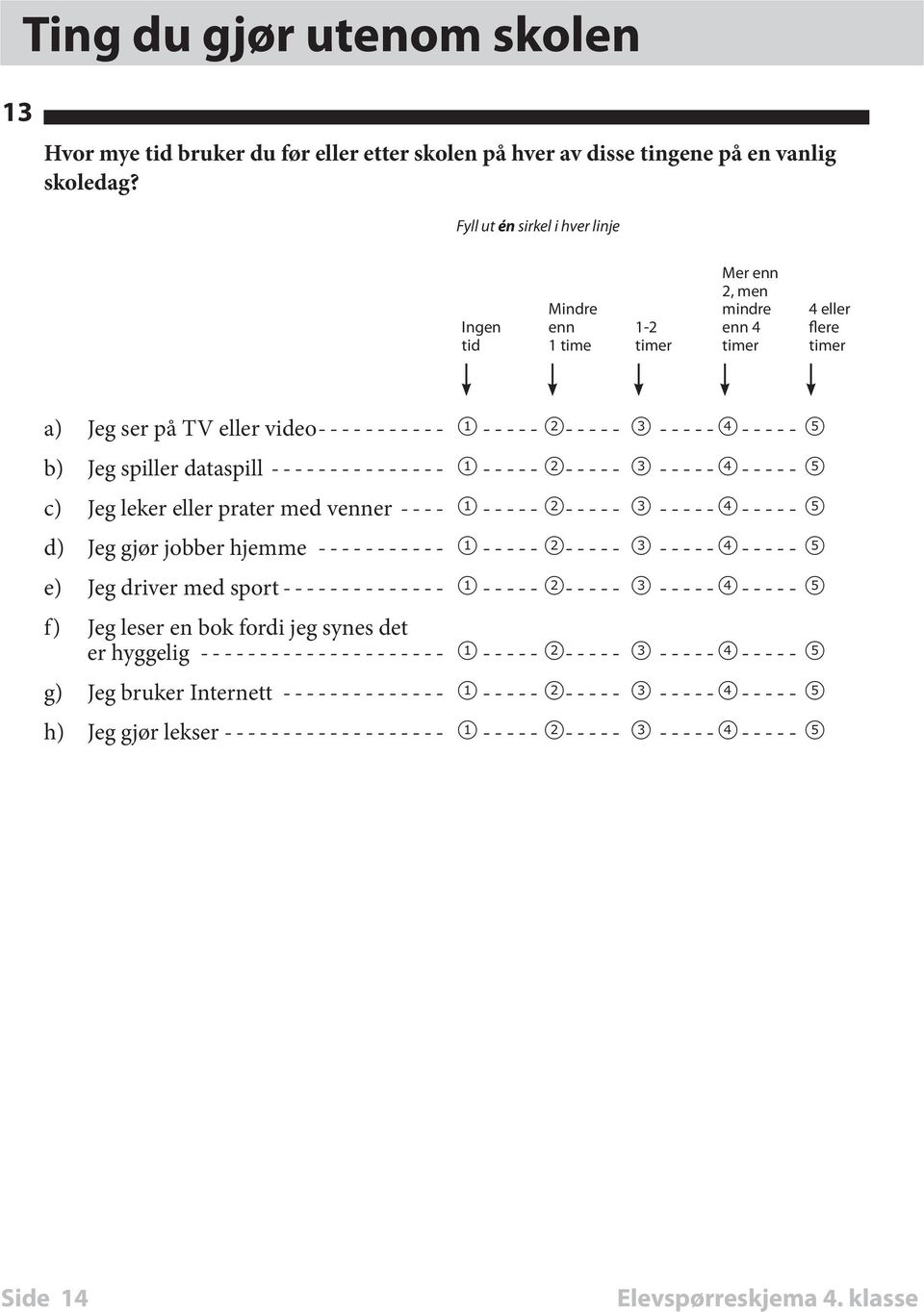 Jeg spiller dataspill---------------- 1 ----- 2----- 3------4----- 5 c) Jeg leker eller prater med venner ---- 1 ----- 2----- 3------4----- 5 d) Jeg gjør jobber hjemme------------ 1 ----- 2-----