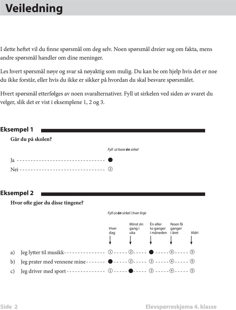 Fyll ut sirkelen ved siden av svaret du velger, slik det er vist i eksemplene 1, 2 og 3. Eksempel 1 Går du på skolen?