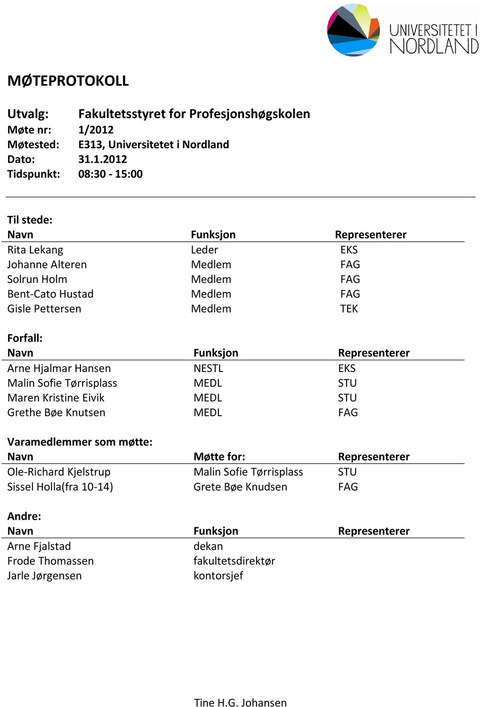 FAG Bent-Cato Hustad Medlem FAG Gisle Pettersen Medlem TEK Forfall: Navn Funksjon Representerer Arne Hjalmar Hansen NESTL EKS Malin Sofie Tørrisplass MEDL STU Maren Kristine Eivik Grethe Bøe