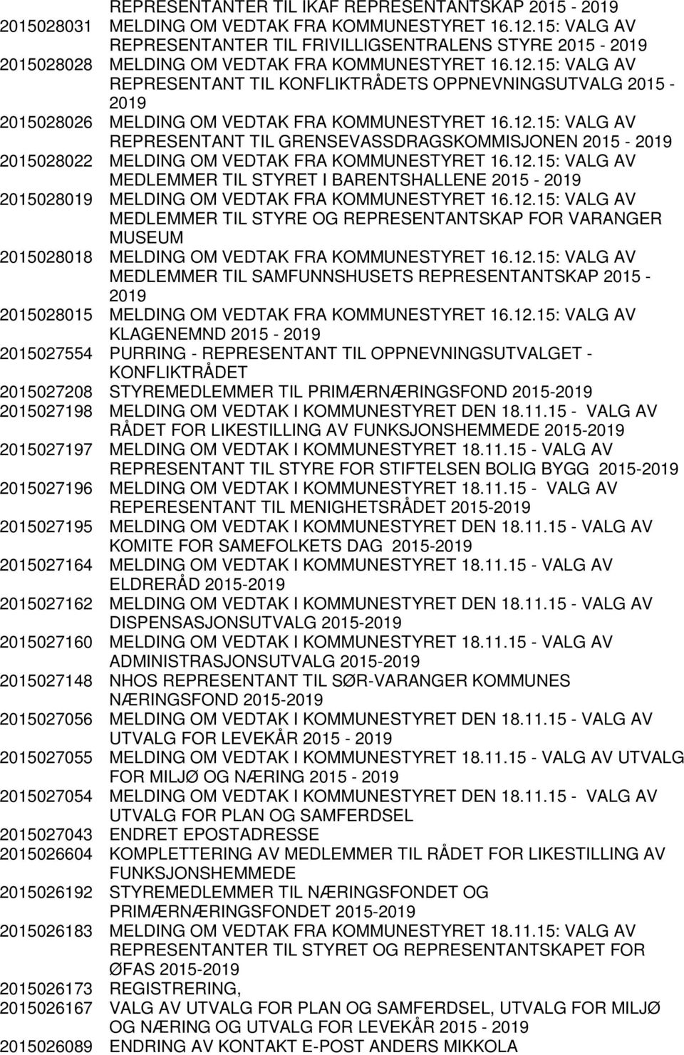 15: VALG AV REPRESENTANT TIL KONFLIKTRÅDETS OPPNEVNINGSUTVALG 2015-2015028026 MELDING OM VEDTAK FRA KOMMUNESTYRET 16.12.