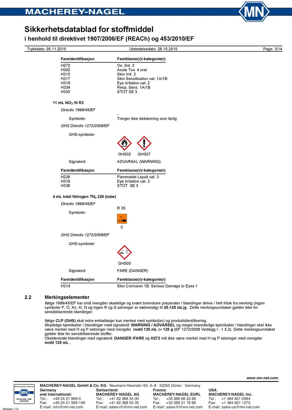 1A/1B H335 STOT SE 3 11 ml NO 3 /N R2 Symboler Trerger ikke deklarering som farlig GHSsymboler Signalord GHS02 GHS07 ADVARSAL (WARNING) Fareidentifikasjon Fareklasse(r)/kategorie(r) H226 Flammable