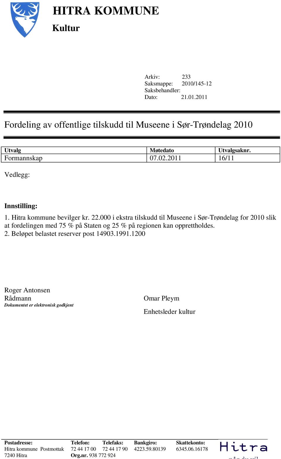 000 i ekstra tilskudd til Museene i Sør-Trøndelag for 2010 slik at fordelingen med 75 % på Staten og 25 % på regionen kan opprettholdes. 2. Beløpet belastet reserver post 14903.