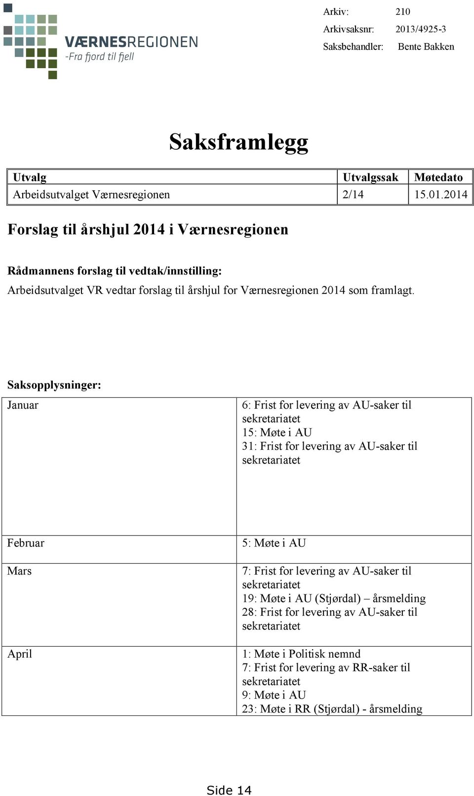 2014 Forslag til årshjul 2014 i Værnesregionen Rådmannens forslag til vedtak/innstilling: Arbeidsutvalget VR vedtar forslag til årshjul for Værnesregionen 2014 som framlagt.