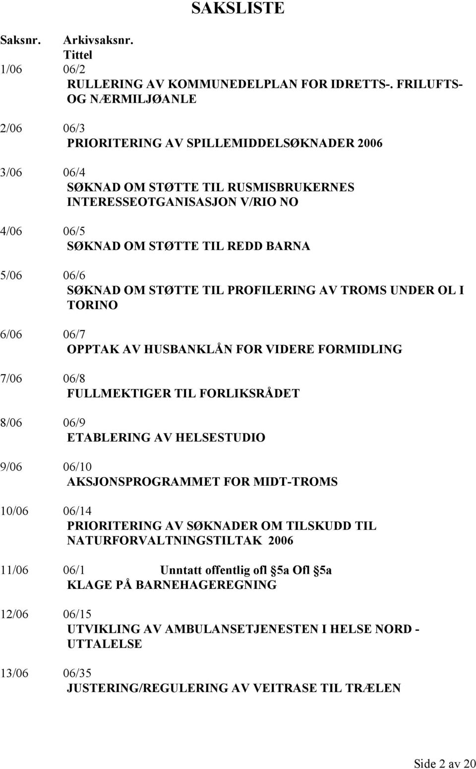 5/06 06/6 SØKNAD OM STØTTE TIL PROFILERING AV TROMS UNDER OL I TORINO 6/06 06/7 OPPTAK AV HUSBANKLÅN FOR VIDERE FORMIDLING 7/06 06/8 FULLMEKTIGER TIL FORLIKSRÅDET 8/06 06/9 ETABLERING AV HELSESTUDIO