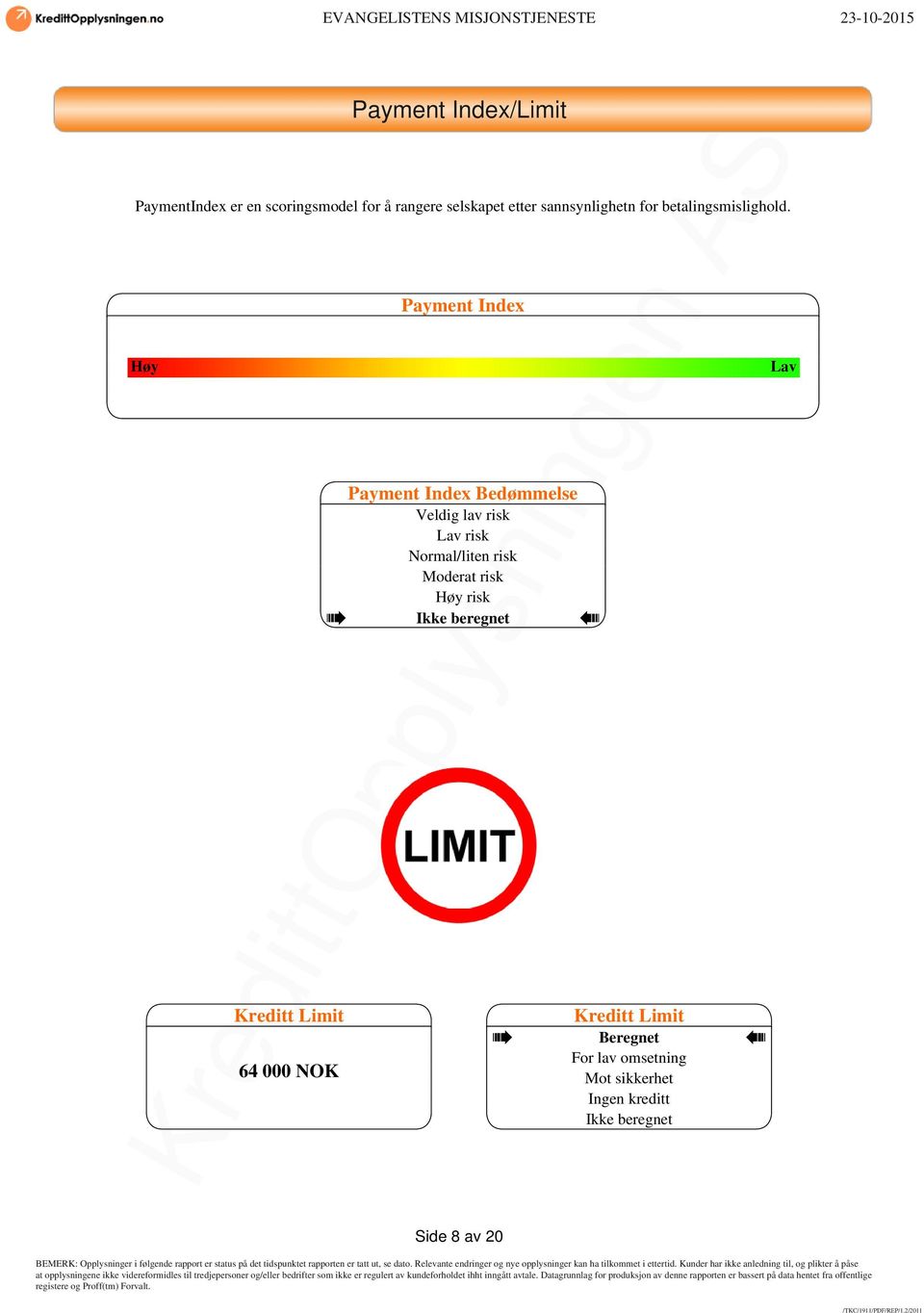 Høy Kreditt Limit 64 000 NOK Payment Index Payment Index Bedømmelse Veldig lav risk Lav risk