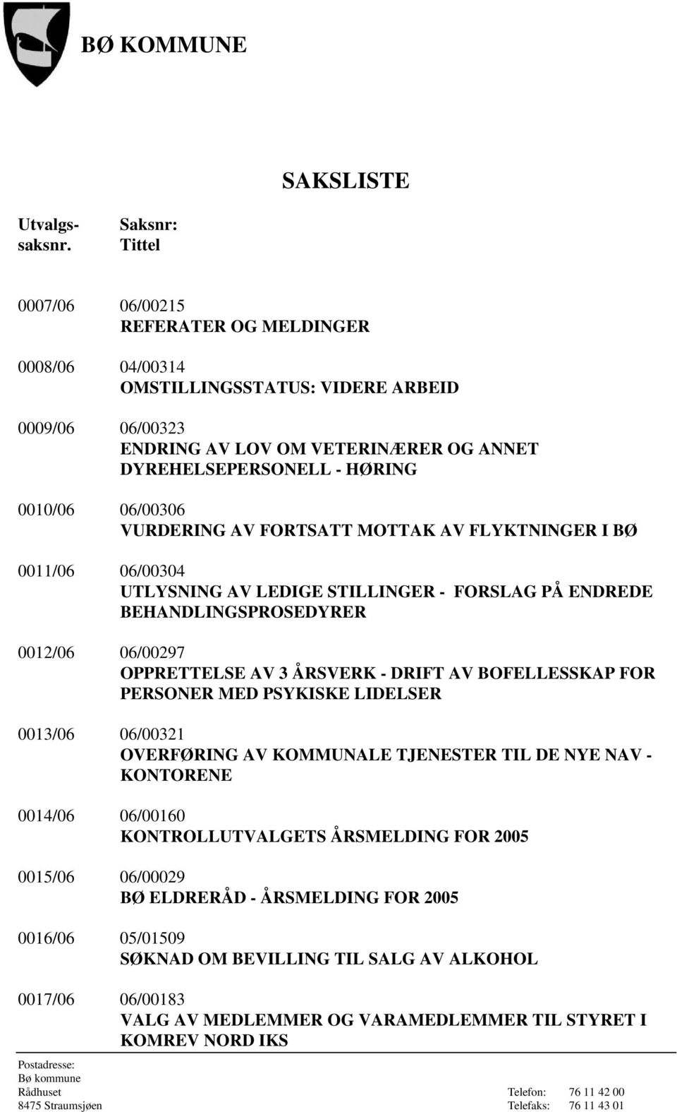 06/00306 VURDERING AV FORTSATT MOTTAK AV FLYKTNINGER I BØ 0011/06 06/00304 UTLYSNING AV LEDIGE STILLINGER - FORSLAG PÅ ENDREDE BEHANDLINGSPROSEDYRER 0012/06 06/00297 OPPRETTELSE AV 3 ÅRSVERK - DRIFT