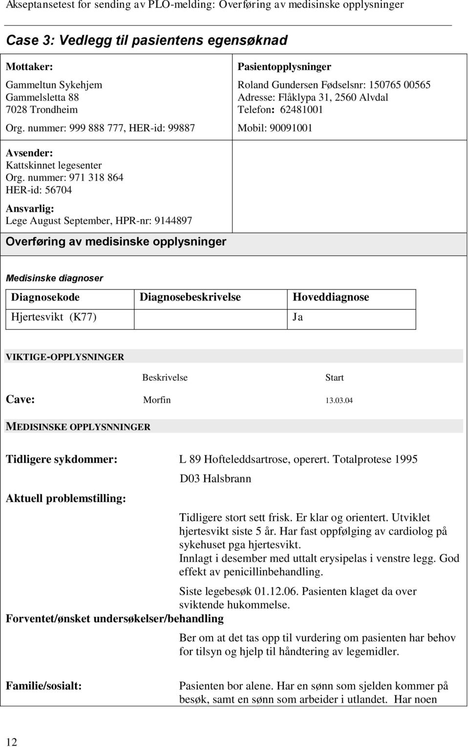 Org. nummer: 971 318 864 HER-id: 56704 Ansvarlig: Lege August September, HPR-nr: 9144897 Overføring av medisinske opplysninger Medisinske diagnoser Diagnosekode Diagnosebeskrivelse Hoveddiagnose