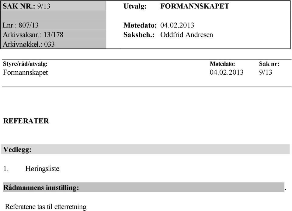 : 033 Formannskapet 04.02.2013 9/13 REFERATER Vedlegg: 1.