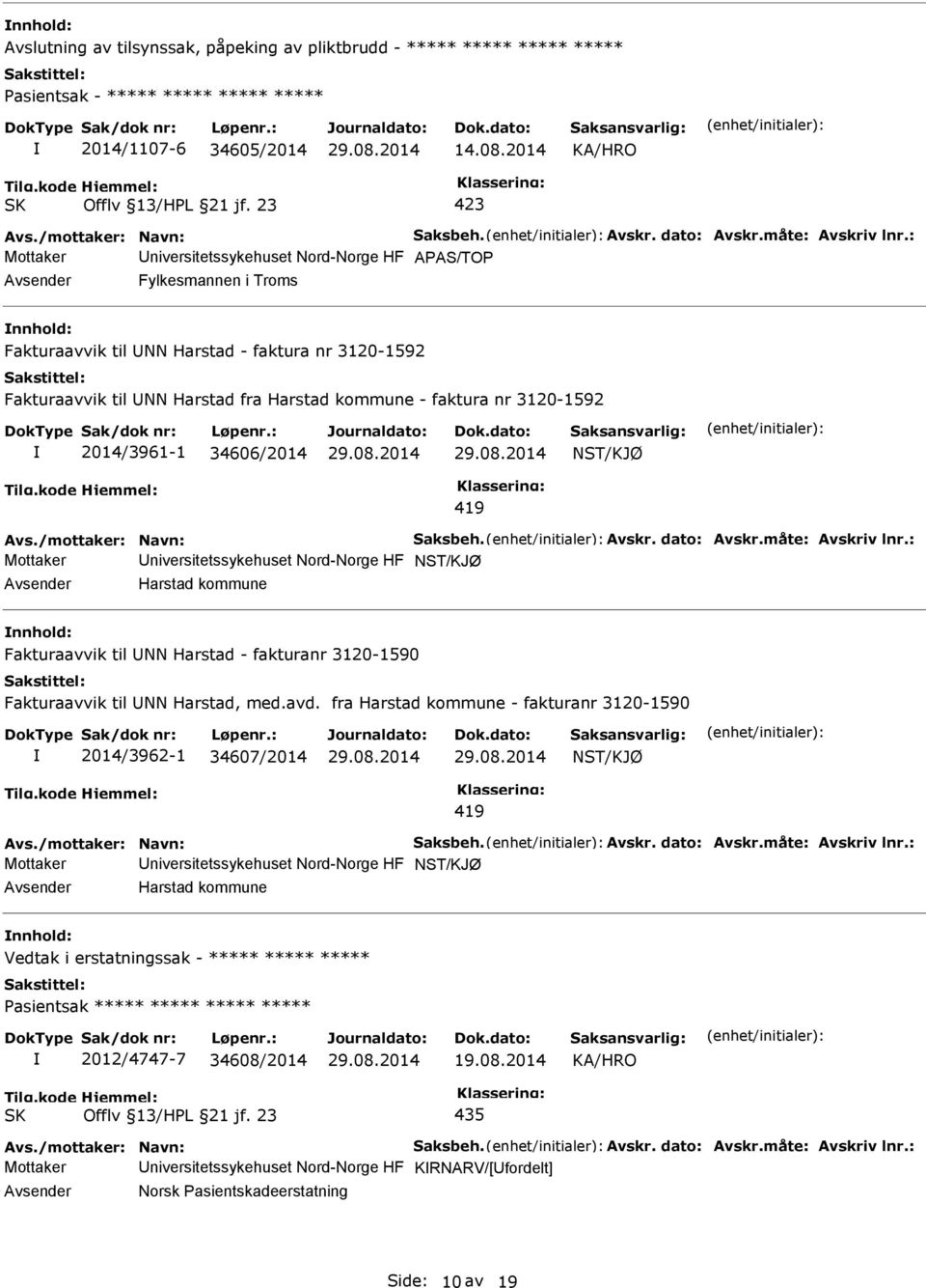 2014/3961-1 34606/2014 419 Mottaker niversitetssykehuset Nord-Norge HF Harstad kommune Fakturaavvik til NN Harstad - fakturanr 3120-1590 Fakturaavvik til NN Harstad, med.avd.