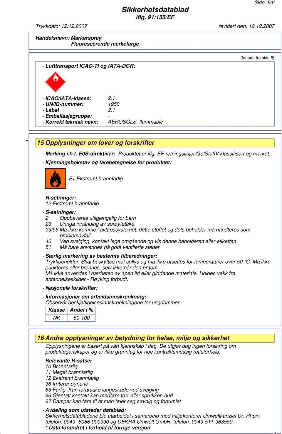 EF-retningslinjer/GefStoffV klassifisert og merket.