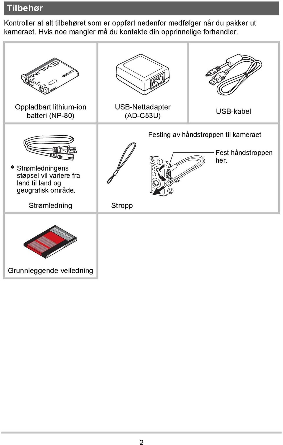 Oppladbart lithium-ion batteri (NP-80) USB-Nettadapter (AD-C53U) USB-kabel Festing av håndstroppen til