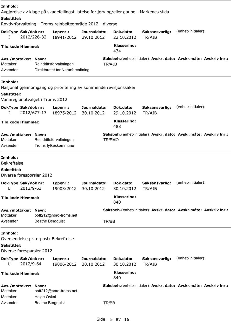 : Direktoratet for Naturforvaltning Nasjonal gjennomgang og prioritering av kommende revisjonssaker Vannregionutvalget i Troms 2012 2012/677-13 18975/2012 483 Avs.