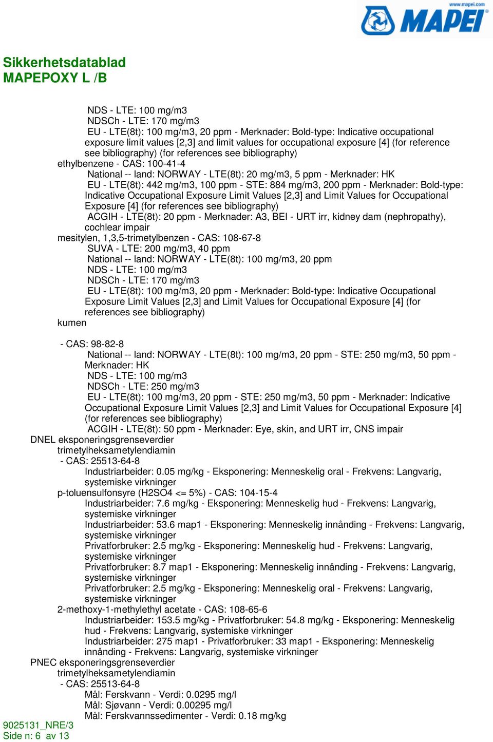 STE: 884 mg/m3, 200 ppm - Merknader: Bold-type: Indicative Occupational Exposure Limit Values [2,3] and Limit Values for Occupational Exposure [4] (for references see bibliography) ACGIH - LTE(8t):