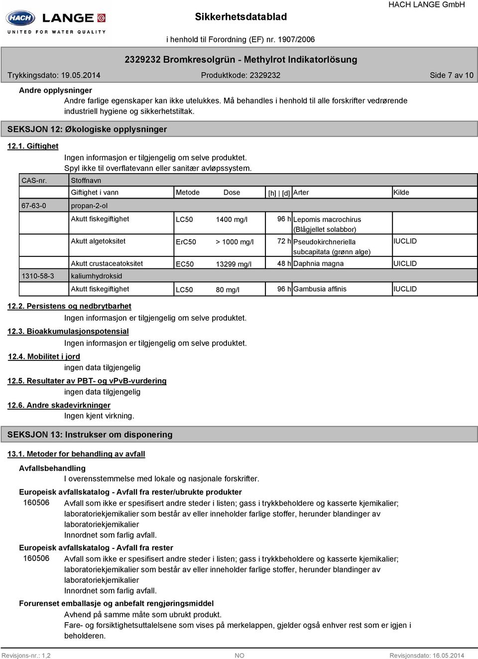 Stoffnavn Giftighet i vann Metode Dose [h] [d] Arter Kilde propan-2-ol Akutt fiskegiftighet LC50 1400 mg/l 96 h Lepomis macrochirus (Blågjellet solabbor) Akutt algetoksitet ErC50 > 1000 mg/l 72 h