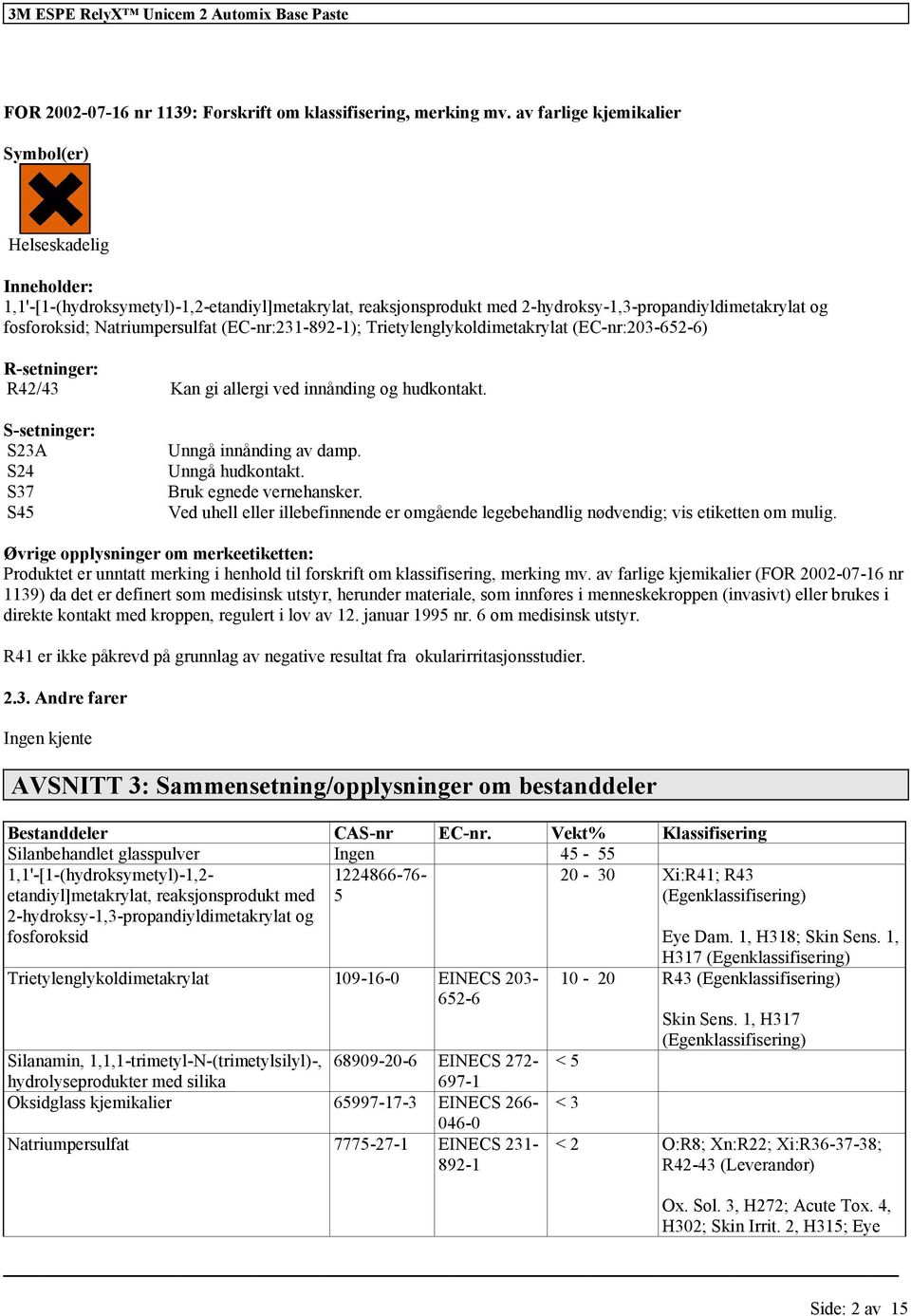 Natriumpersulfat (EC-nr:231-892-1); Trietylenglykoldimetakrylat (EC-nr:203-652-6) R-setninger: R42/43 Kan gi allergi ved innånding og hudkontakt. S-setninger: S23A S24 S37 S45 Unngå innånding av damp.