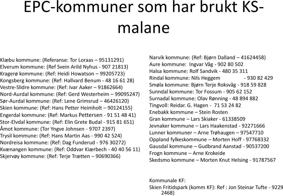 Skien kommune: (Ref: Hans Petter Heimholt 90124155) Engerdal kommune: (Ref: Markus Pettersen - 91 51 48 41) Stor-Elvdal kommune: (Ref: Elin Grete Budal - 915 81 651) Åmot kommune: (Tor Yngve Johnsen