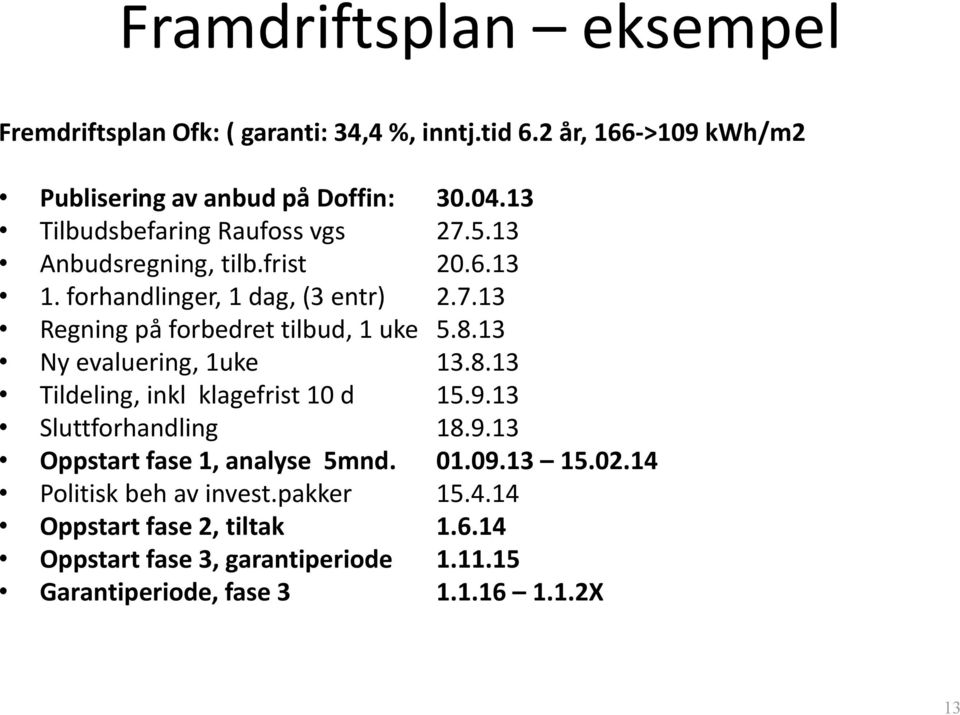 8.13 Ny evaluering, 1uke 13.8.13 Tildeling, inkl klagefrist 10 d 15.9.13 Sluttforhandling 18.9.13 Oppstart fase 1, analyse 5mnd. 01.09.13 15.02.