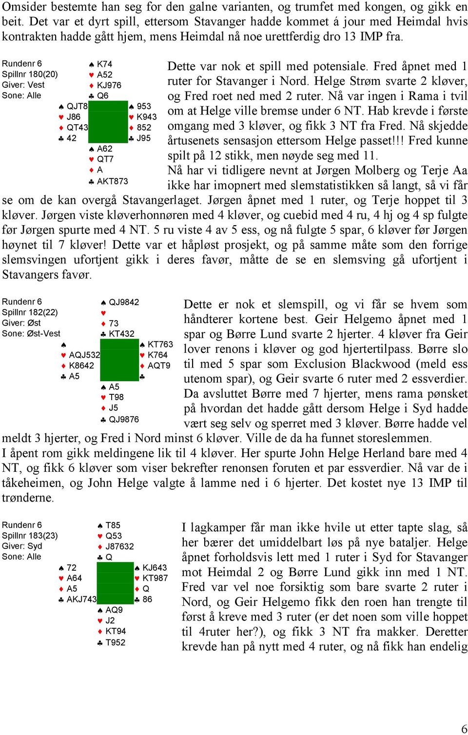 Rundenr 6 K74 Spillnr 180(20) A52 Giver: Vest KJ976 Sone: Alle Q6 QJT8 953 J86 K943 QT43 852 42 J95 A62 QT7 A AKT873 Dette var nok et spill med potensiale. Fred åpnet med 1 ruter for Stavanger i Nord.