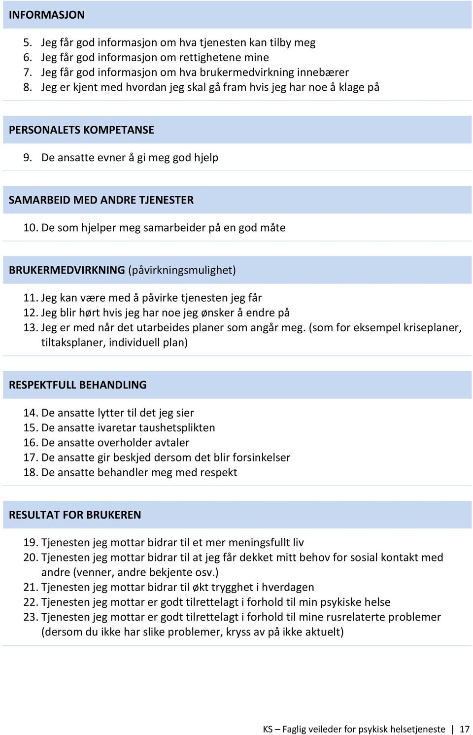 De som hjelper meg samarbeider på en god måte BRUKERMEDVIRKNING (påvirkningsmulighet) 11. Jeg kan være med å påvirke tjenesten jeg får 12. Jeg blir hørt hvis jeg har noe jeg ønsker å endre på 13.