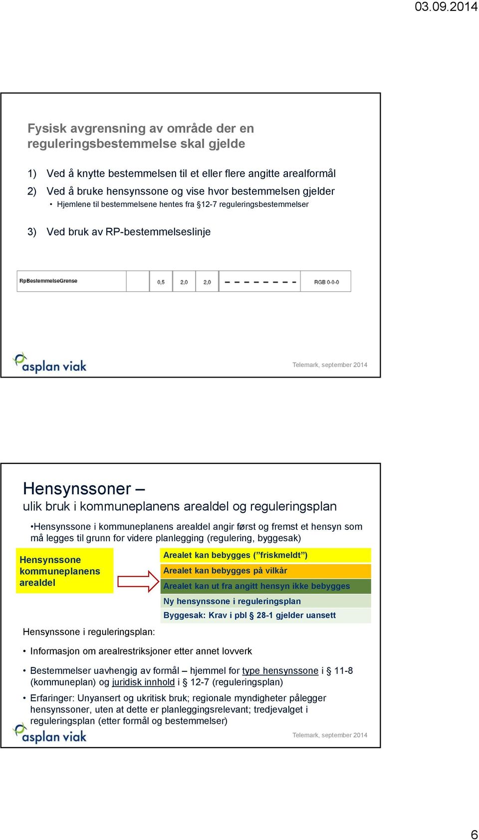 arealdel angir først og fremst et hensyn som må legges til grunn for videre planlegging (regulering, byggesak) Hensynssone kommuneplanens arealdel Hensynssone i reguleringsplan: Arealet kan bebygges