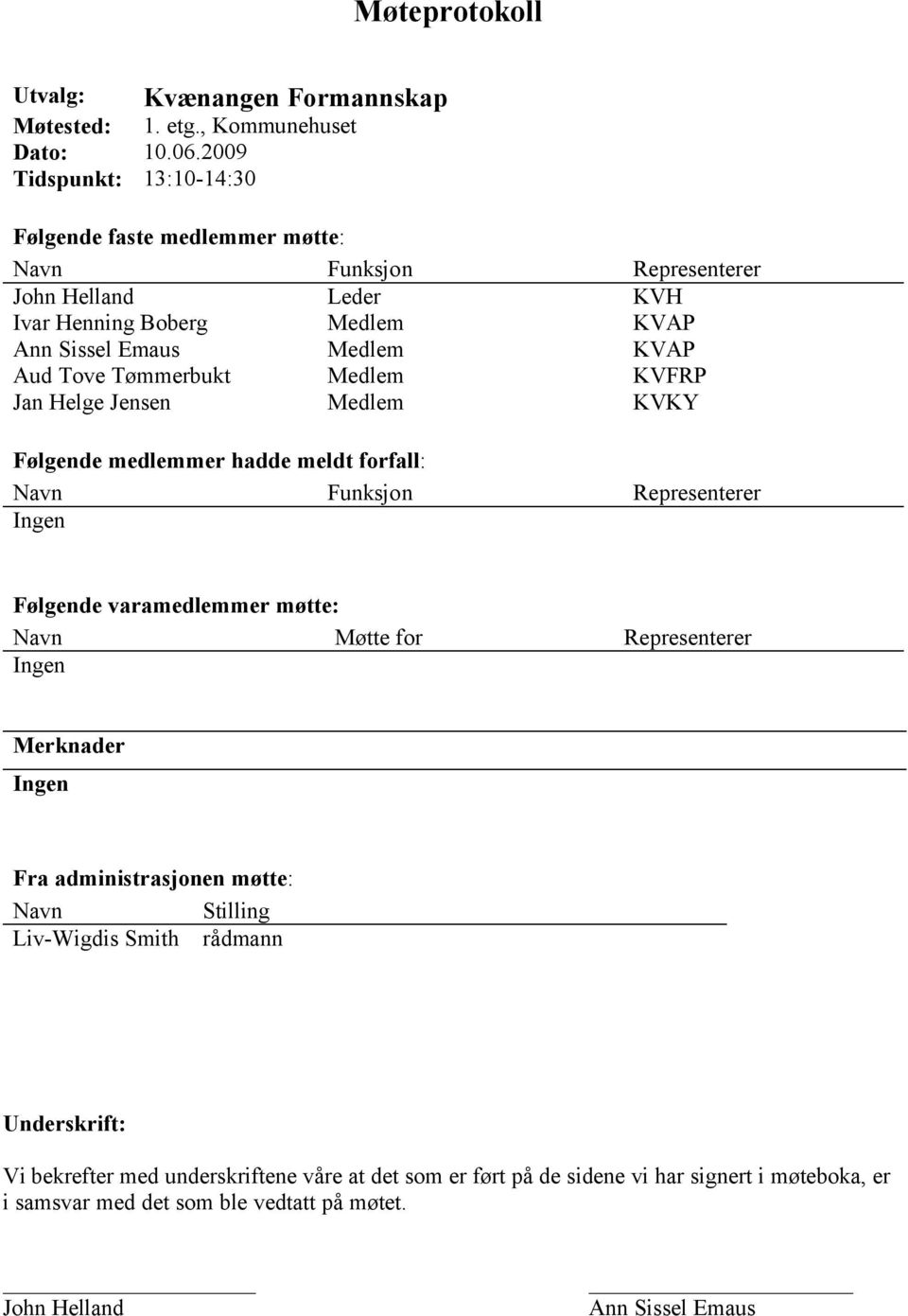 Tømmerbukt Medlem KVFRP Jan Helge Jensen Medlem KVKY Følgende medlemmer hadde meldt forfall: Navn Funksjon Representerer Ingen Følgende varamedlemmer møtte: Navn Møtte for