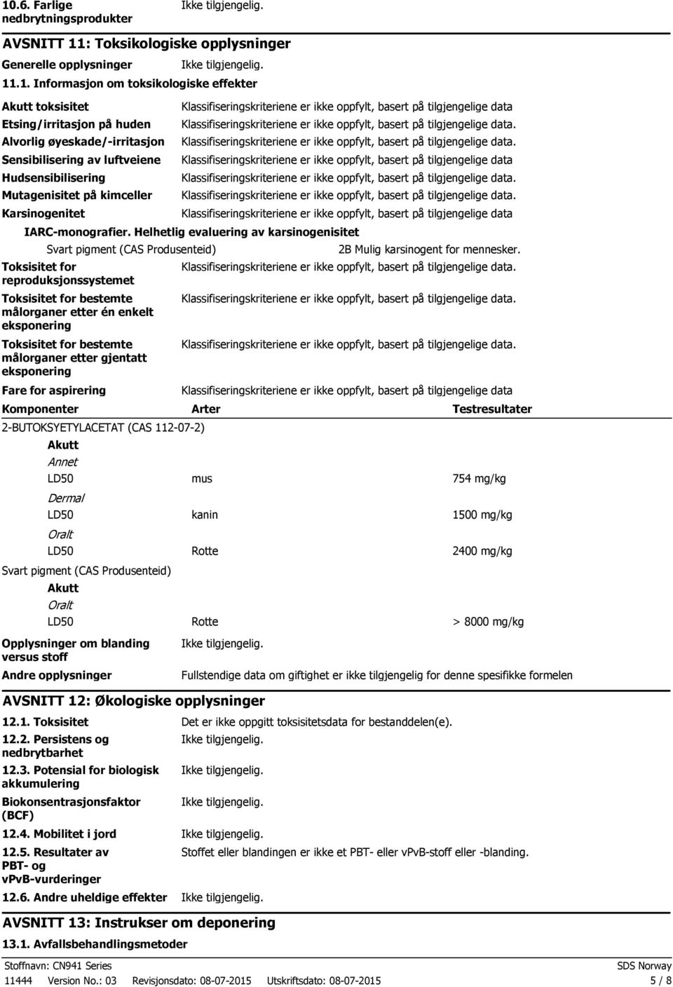 Helhetlig evaluering av karsinogenisitet Svart pigment (CAS Produsenteid) Toksisitet for reproduksjonssystemet Toksisitet for bestemte målorganer etter én enkelt eksponering Toksisitet for bestemte