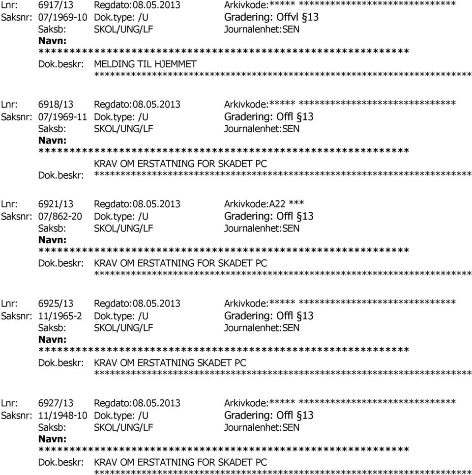 type: /U Gradering: Offl 13 ************ Lnr: 6925/13 Regdato:08.05.2013 Arkivkode:***** ****************************** Saksnr: 11/1965-2 Dok.type: /U Gradering: Offl 13 Dok.