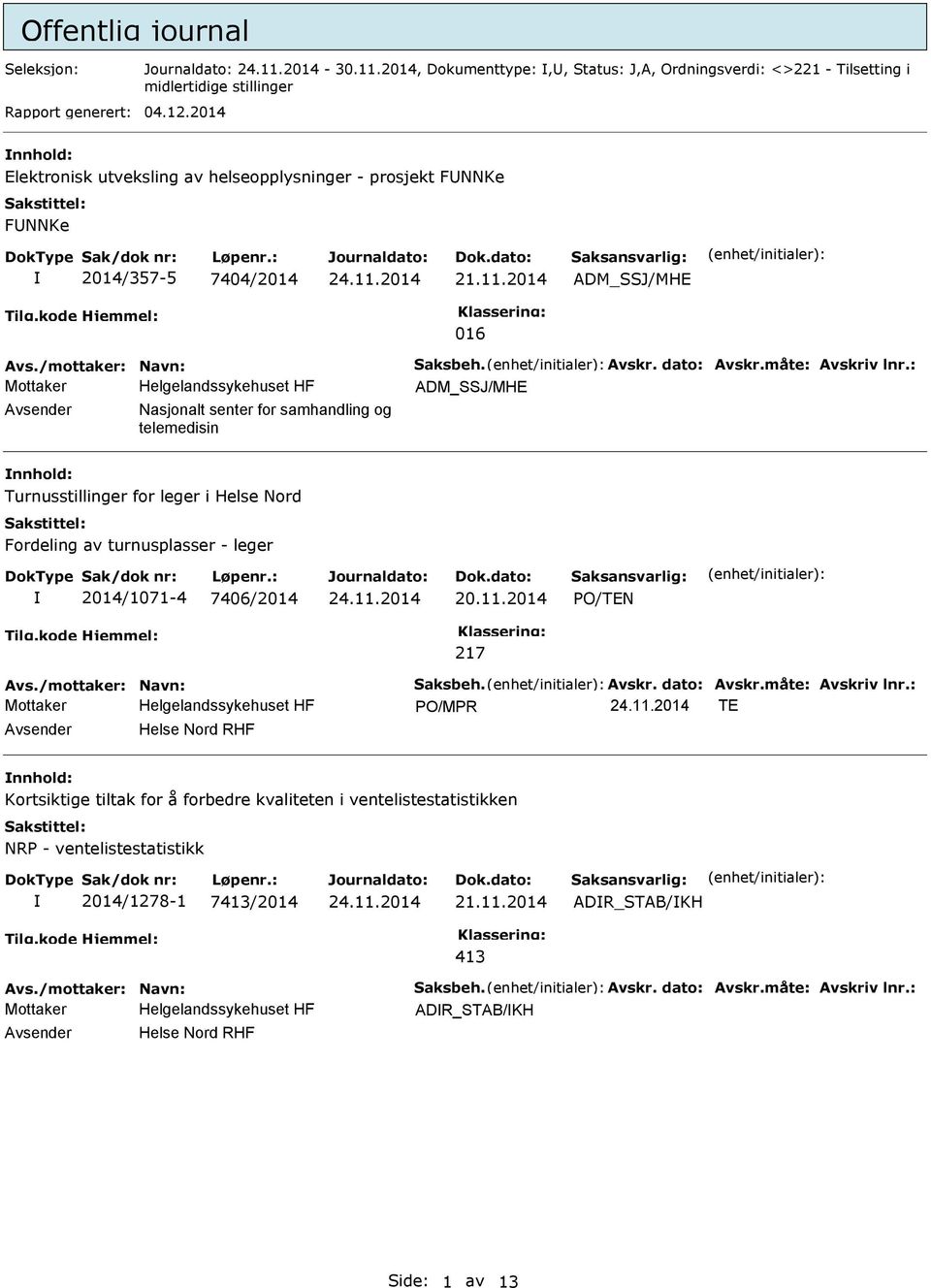 : ADM_SSJ/MHE Nasjonalt senter for samhandling og telemedisin nnhold: Turnusstillinger for leger i Helse Nord Fordeling av turnusplasser - leger 2014/1071-4 7406/2014 20.11.2014 O/TEN 217 Avs.