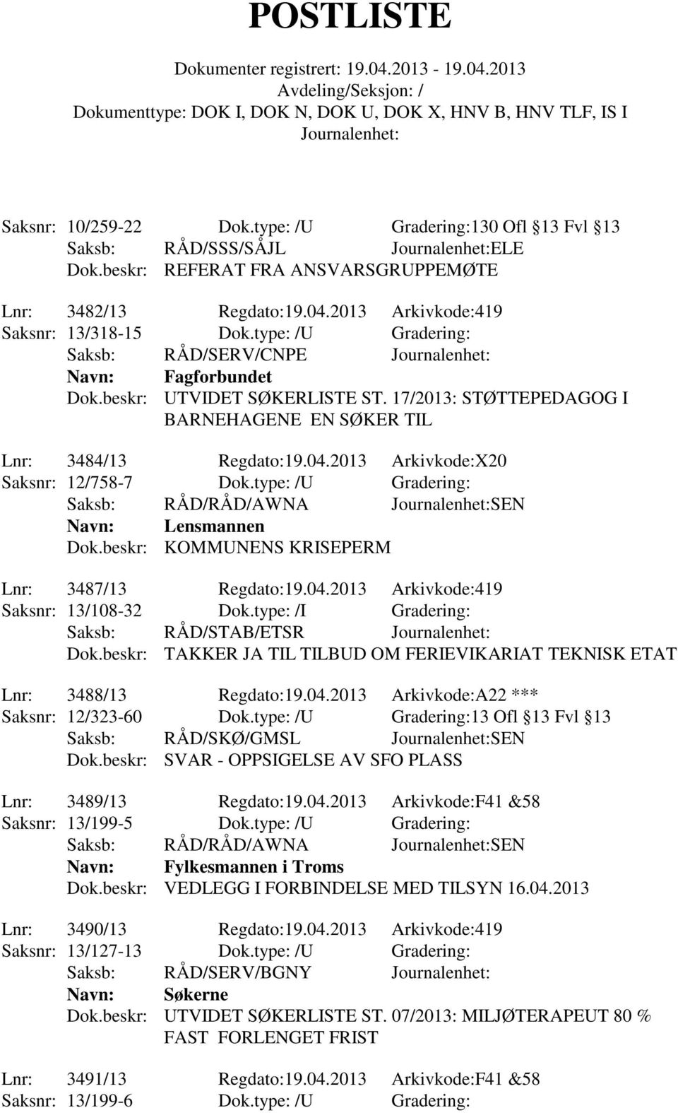 2013 Arkivkode:X20 Saksnr: 12/758-7 Dok.type: /U Gradering: Saksb: RÅD/RÅD/AWNA SEN Navn: Lensmannen Dok.beskr: KOMMUNENS KRISEPERM Lnr: 3487/13 Regdato:19.04.2013 Arkivkode:419 Saksnr: 13/108-32 Dok.