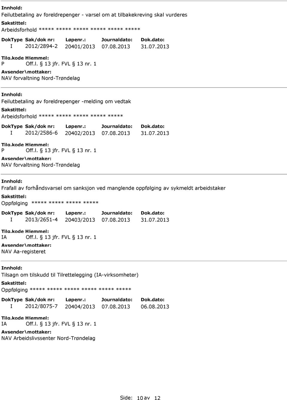 07.2013 Frafall av forhåndsvarsel om sanksjon ved manglende oppfølging av sykmeldt arbeidstaker Oppfølging ***** ***** ***** ***** A 2013/2651-4 20403/2013 NAV Aa-registeret 31.07.2013 Tilsagn om tilskudd til Tilrettelegging (A-virksomheter) Oppfølging ***** ***** ***** ***** ***** ***** A 2012/8075-7 20404/2013 NAV Arbeidslivssenter Nord-Trøndelag 06.