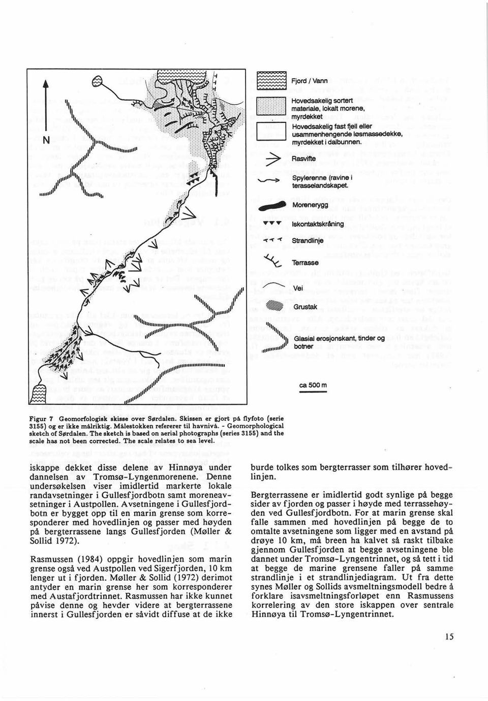 ljiiei Vei Grustak 111 1/15"iii 111 Glasialerosjonskanttinderog bolner 11111 iiii muumme iiiii IIIIIIIlIIIlIl ca 500 m 11 101111111 Figur 7 Geomorfologiskskisse over Sørdalen.