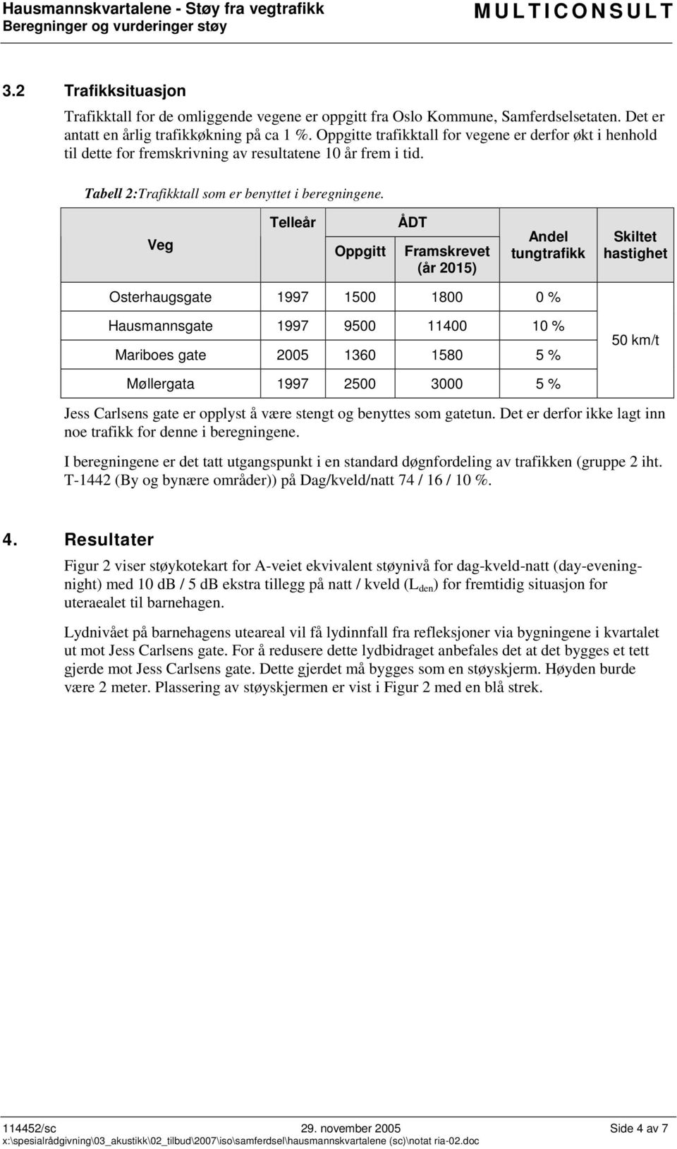 Veg Telleår Oppgitt ÅDT Framskrevet (år 2015) Andel tungtrafikk Skiltet hastighet Osterhaugsgate 1997 1500 1800 0 % Hausmannsgate 1997 9500 11400 10 % Mariboes gate 2005 1360 1580 5 % 50 km/t