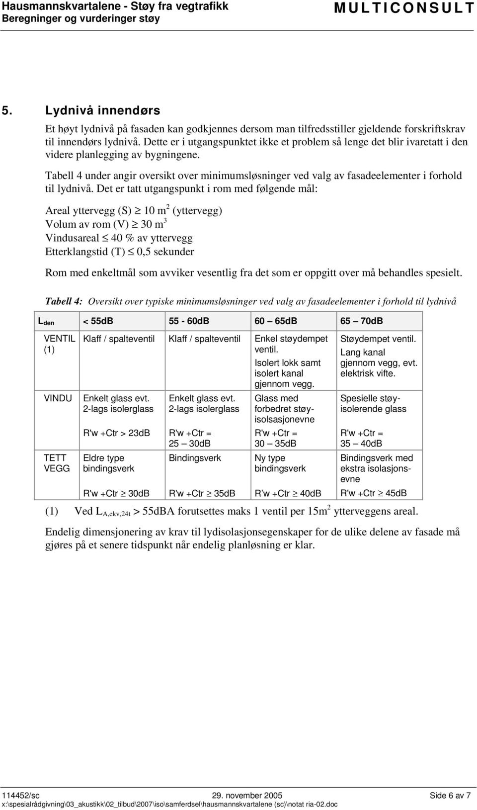 Tabell 4 under angir oversikt over minimumsløsninger ved valg av fasadeelementer i forhold til lydnivå.