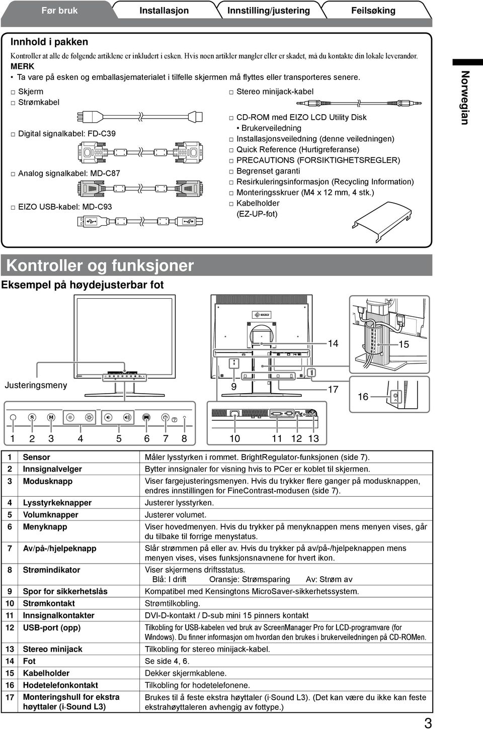 Skjerm Stereo minijack-kabel Strømkabel Digital signalkabel: FD-C39 Analog signalkabel: MD-C87 EIZO USB-kabel: MD-C93 CD-ROM med EIZO LCD Utility Disk Brukerveiledning sveiledning (denne