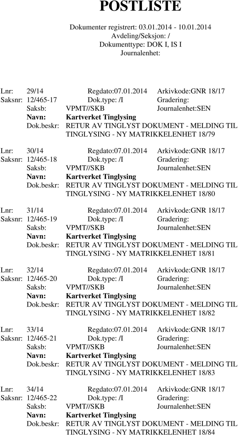 type: /I Gradering: TINGLYSING - NY MATRIKKELENHET 18/81 Lnr: 32/14 Regdato:07.01.2014 Arkivkode:GNR 18/17 Saksnr: 12/465-20 Dok.