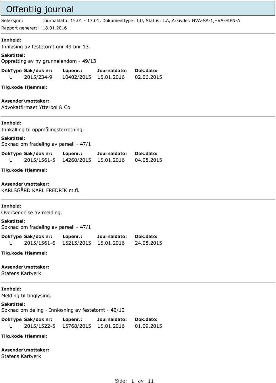 Søknad om fradeling av parsell - 47/1 2015/1561-5 14260/2015 04.08.2015 KARLSGÅRD KARL FREDRK m.fl. Oversendelse av melding.