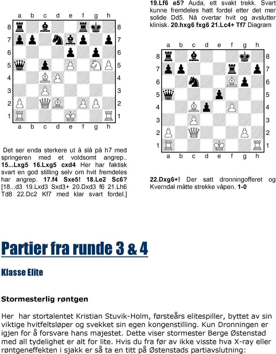Auda, ett svakt trekk. Svart kunne fremdeles hatt fordel etter det mer solide Dd5. Nå overtar hvit og avslutter klinisk. 20.hxg6 fxg6 21.