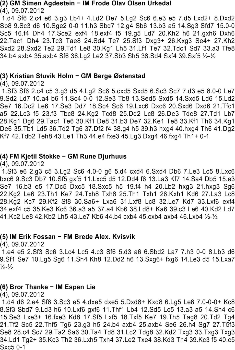 Lf1 Te7 32.Tdc1 Sd7 33.a3 Tfe8 34.b4 axb4 35.axb4 Sf6 36.Lg2 Le2 37.Sb3 Sh5 38.Sd4 Sxf4 39.Sxf5 ½-½ (3) Kristian Stuvik Holm GM Berge Østenstad (4), 09.07.2012 1.Sf3 Sf6 2.c4 c5 3.g3 d5 4.Lg2 Sc6 5.