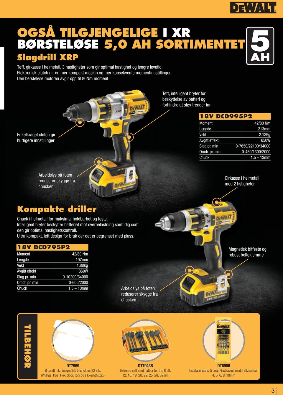 Tett, intelligent bryter for beskyttelse av batteri og forhindre at støv trenger inn Enkelkraget clutch gir hurtigere innstillinger 18V DCD995P2 Moment 42/80 Nm Lengde 213mm 2.