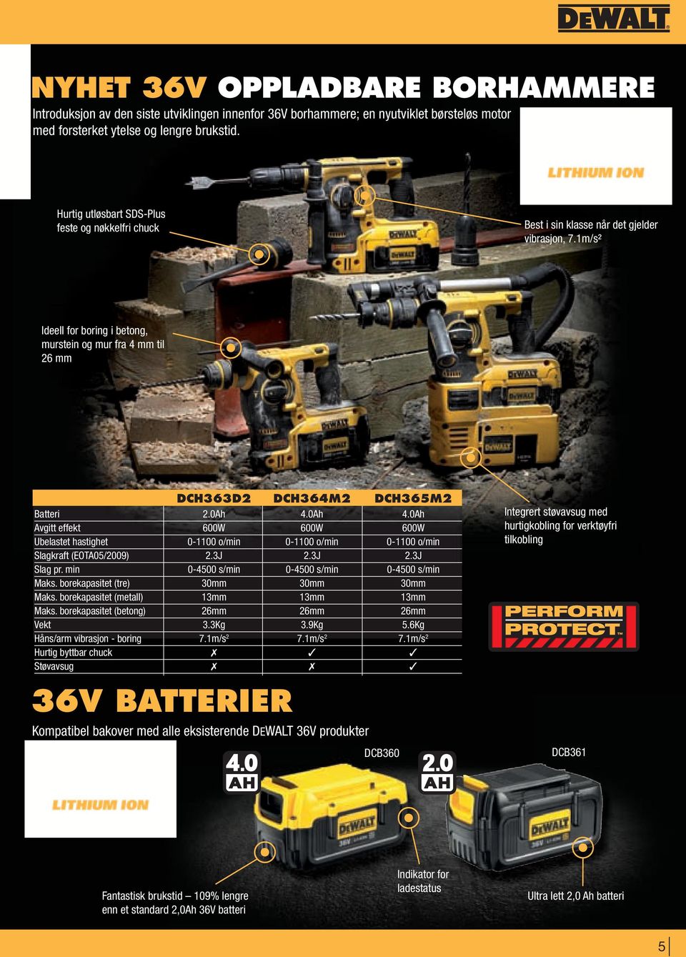 1m/s² Ideell for boring i betong, murstein og mur fra 4 mm til 26 mm DCH363D2 DCH364M2 DCH365M2 Batteri 2.0Ah 4.
