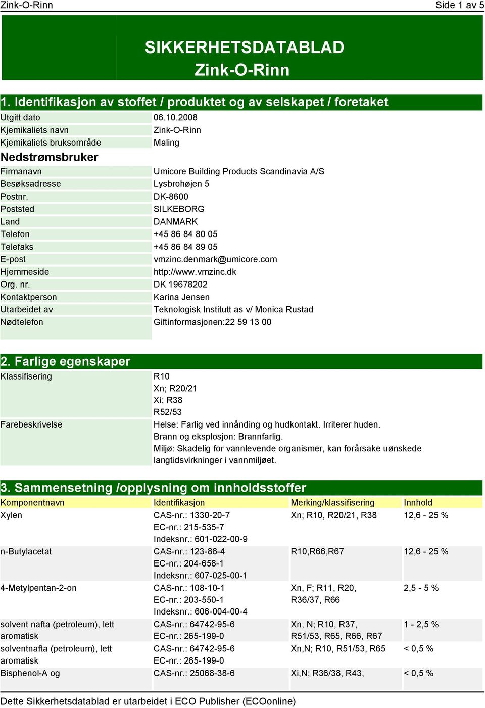 DK-8600 Poststed SILKEBORG Land DANMARK Telefon +45 86 84 80 05 Telefaks +45 86 84 89 05 E-post vmzinc.denmark@umicore.com Hjemmeside http://www.vmzinc.dk Org. nr.